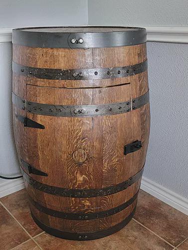 Refurbished Whiskey Barrel Open Display Cabinet | Rustic Bourbon Barrel Shelf | Home Bar Decor | Handcrafted Oak Furniture